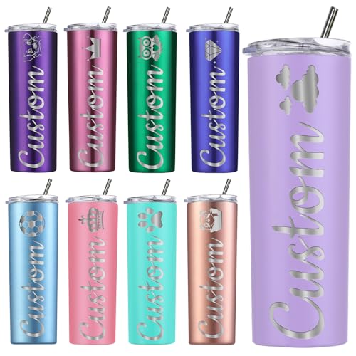 Amlion Vaso personalizado – Grabado con láser con nombre, vasos de acero inoxidable de 20 oz, vasos delgados con tapas y pajitas para regalos para mujeres y hombres – 13 colores y 42 iconos