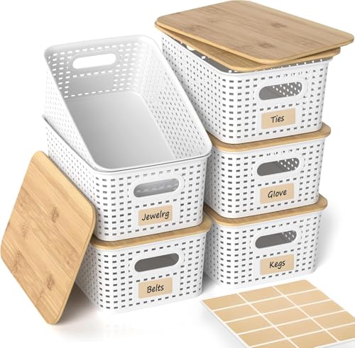 El Mejor Listado de Cajas organizadoras más recomendados. 43 6PCS Cestas de Plástico con Tapa de Bambú, Pequeños Contenedores Apilables Con Etiqueta, Cestas de Almacenaje para Organizar Estantes Cajones Escritorio Armario Oficina Cocina
