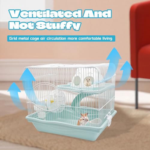 Image of 2-Tier Portable Hamster Cage and Habitats,Travel Metal Mouse Cages with Free Water Bottle,Houses and Exercise Wheel for Any Breed of Hamster and Small Animal (14.6x11.0x11.8inch Light Blue)