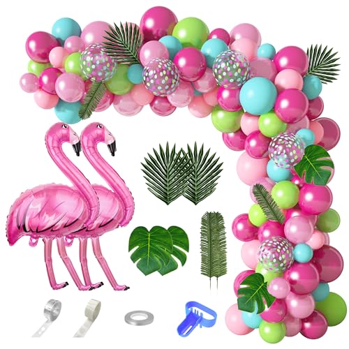 142Pcs Tropical Flamingo Balloons Garland Arch Kit 40 Flamingo Balloons Hot Pink Green Confetti Balloons Palm Leaves for Hawaii Luau Aloha Flamingo Birthday Party Baby Shower Wedding Decorations