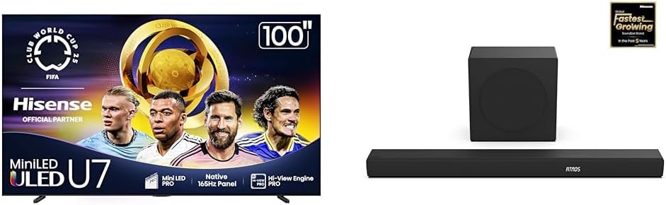 Hisense 100U75QG Mini-LED 4K UHD Smart Google TV AX3100Q 3.1Ch Sound Bar with Wireless Subwoofer