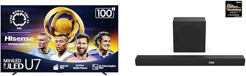Hisense 100U75QG Mini-LED 4K UHD Smart Google TV AX3100Q Barra de Sonido 3.1Ch con subwoofer inalámbrico