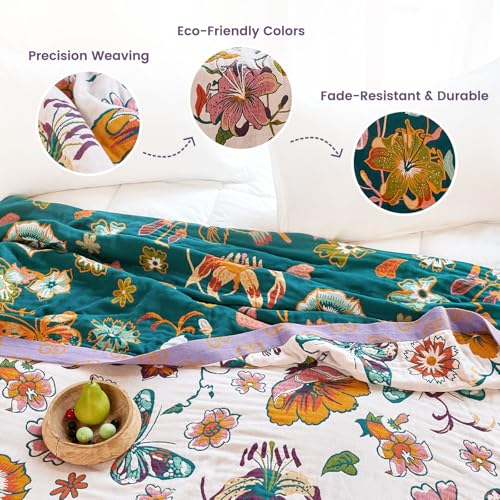 Image of MSGKV Boho Throw Blanket 90 inchx108 inch 100% Cotton Floral Blanket for Bed