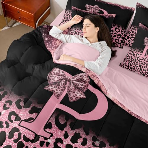 Image of Feelyou Bow Initial Letter P Comforter Set with Sheets 7 Piece King Size Glitter Leopard Print Bedding Set for Kids Boys Girls Girly Bow Bed in a Bag Room Decor Soft Lightweight Microfiber