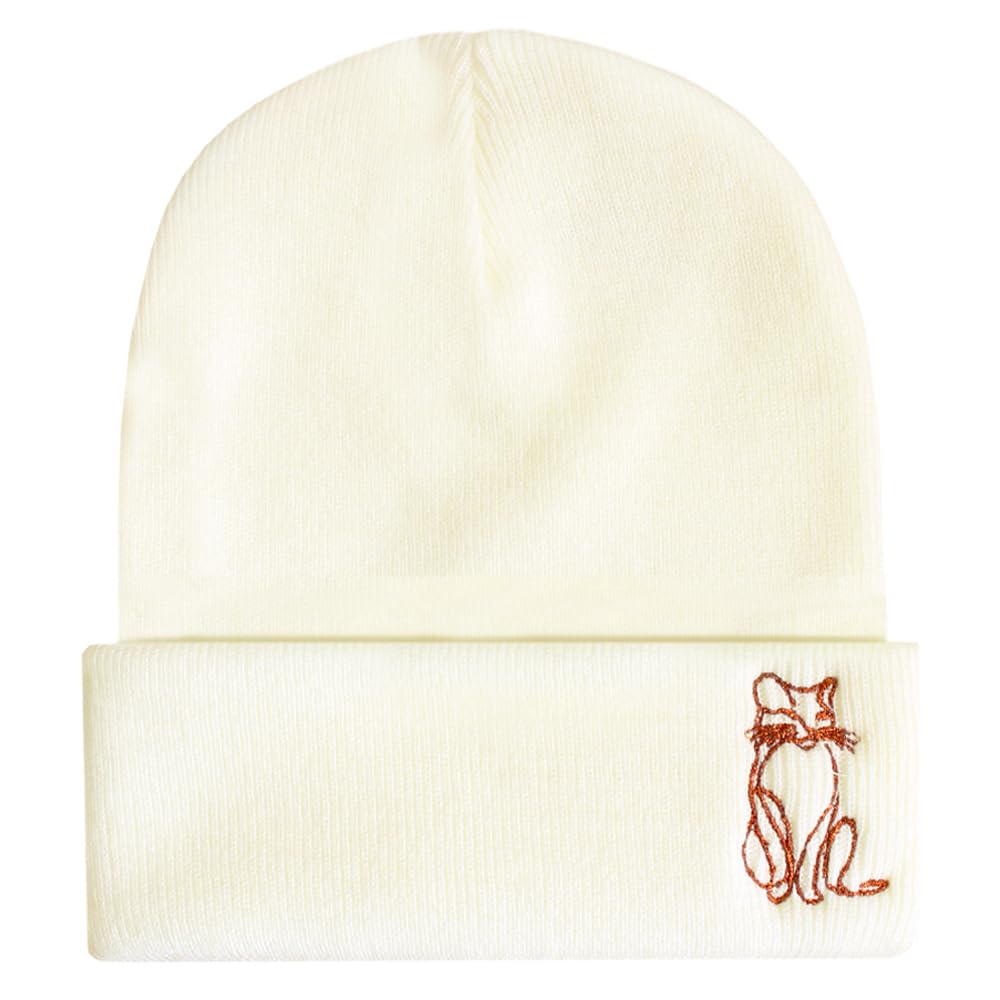 Teddyt's Women's Light Cream Cat Sparkly Embroidered Cream Beanie Hat