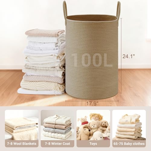 Image of 100L Extra Large Tall Cotton Rope Laundry Basket with Handles, Jute