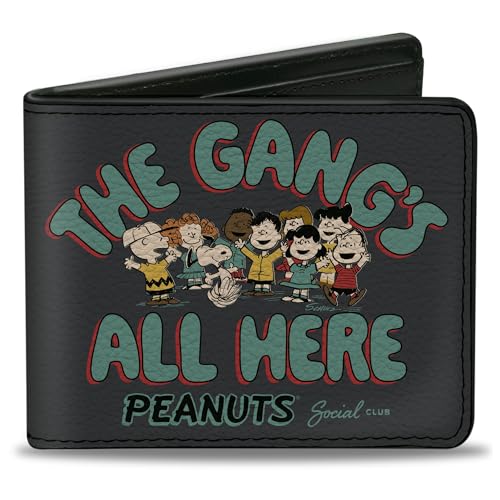 Peanuts Wallet, Bifold, Peanuts Gang the Gangs All Here Group Pose Black Blue, Vegan Leather