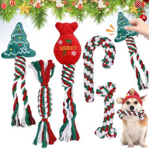 Kleemeiero 5 Pezzi Giocattoli Natalizi per Cani Giocattolo da Masticare Cani Natale Giocattolo di Corda Cani Natale Giochi Interattivi per Cani per La Pulizia dei Denti e Digrignare Denti Cane