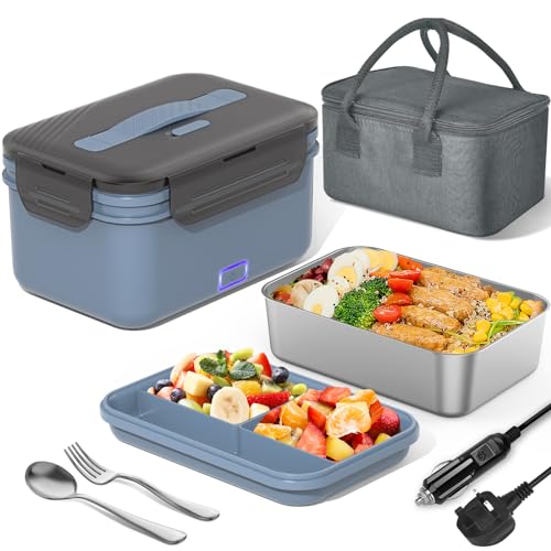 Image of Herrfilk 100W Electric Lunch Box Adults, 1.8L Thermal Lunch Box with Compartments, Heated Lunchbox with 230V Home /Office & 12V 24V Car /Truck Cables, Insulated Lunch Bag, Spoon and Fork, Dark Blue