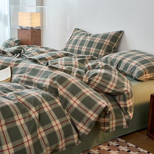 Image of EAVD Vintage Style Green Plaid Duvet Cover Full Soft 100% Washed Cotton Red Green Grid Checkered Bedding Set with 2 Pillowcases Retro Farmhouse Geometric Grid Duvet Cover with Zipper Closure