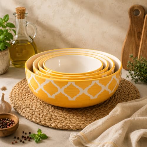 Image of Ceramic Mixing Bowl Set - 4 Pieces (1500ml, 800ml, 600ml, 400ml), Yellow - Durable, Microwave & Dishwasher Safe - Ideal for Mixing, Serving & Storage