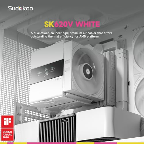 Image of SK620V White AM5 Air Cooler: 6 Heatpipes Dual Tower CPU Air Cooler with Digital Display for AM5 Exclusive - PC Cooler with 120mm FDB PWM Quiet Fans & Quick Lock Mount