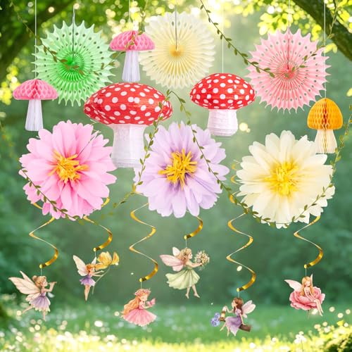 Image of 17PCS Fairy Birthday Party Decorations Set Fairy Themed Red Green Purple Pink Paper Mushroom Lantern Decor for Girls Birthday Decor Spring Tea Party Baby Shower