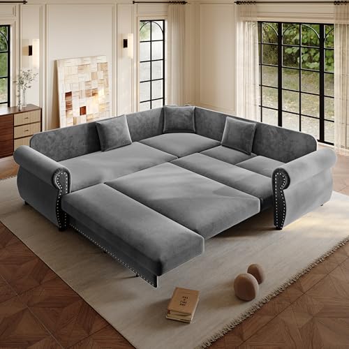 Image of KCGKCG 88.2 inch Chenille Sleeper Sofa Bed, Sectional Couches for Living Room /Apartment, L Shaped Couch with Pull Out Couch Bed, Convertible Sectional Sofa with Rolled Arm & Nailhead Trim, Light Grey