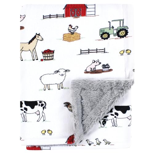 Image of Hudson Baby Unisex Baby Plush Blanket with Furry Binding and Back, Farm, One Size