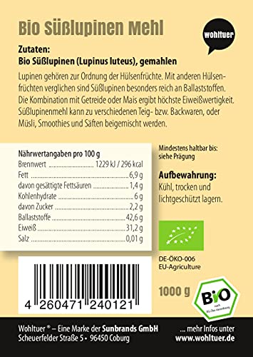 Wohltuer Bio Süßlupinenmehl Bio Süßlupinen Mehl Glutenfrei, nährstoffreich & vegan vielseitiges Lebensmittel in geprüfter Bio-Qualität, 1000 g