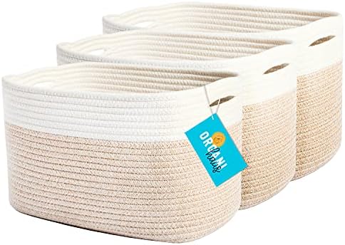 OrganiHaus Toy Storage Bins 3-Pack | Cotton Rope Basket for Storage | Woven Baskets for Storage | Decorative Baskets for Storage | Cotton Rope Storage Baskets | Towel Basket for Bathroom - Light Honey