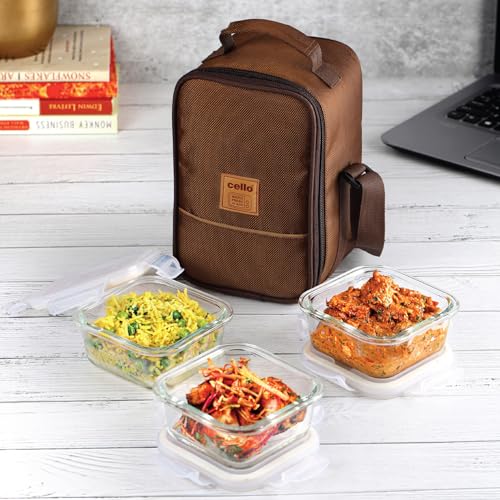 Image of CELLO MF Glassy Seal O Fresh Glass Lunch Box Set of 3 Square Containers, 350ml Each with Jacket | Microwavable Borosilicate Glass | Leak Proof Design | Tiffin for Office /School /College | Transparent