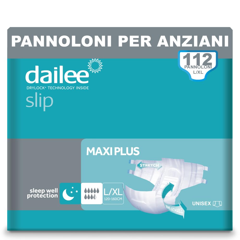 Dailee Slip L/XL - 112x Pannoloni Per Anziani a Mutandina - 4 Confezioni da 28 Pezzi, Assorbenza Maxi Plus 8,5 Gocce - Mutanda Assorbente Incontinenza Adulto
