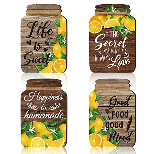 4 Pcs Kitchen Wall Decor Mason Jar Set Wooden Rustic Home Decor Inspirational Kitchen Hanging Farmhouse Wall Signs for Home decoration(Lemon)