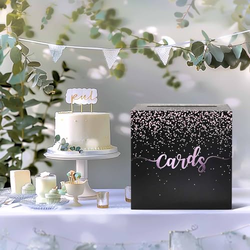 Image of Black Card Box for Party Pink Foil Gift Card Box Holder for Wedding Birthday Baby Shower Retirement Graduation