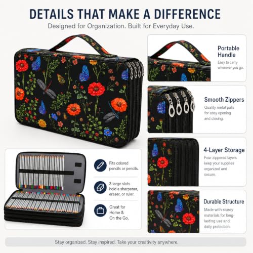 Image of 300 Slots Colored Pencil Case Organizer, 4 Layer Bag | Twill Oxford fabric,103 elastic loops,detachable handle,for travel,home storage,drawing tools,creative gifts