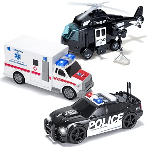 JOYIN Truck Toys for 3 4 5 6 7 Year Old Boys - Police Car Toy Set, Emergency Vehicle Playset, Friction Powered Car with Lights and Sounds, Birthday Gifts for Boys Girls Age 3-9 - image 1