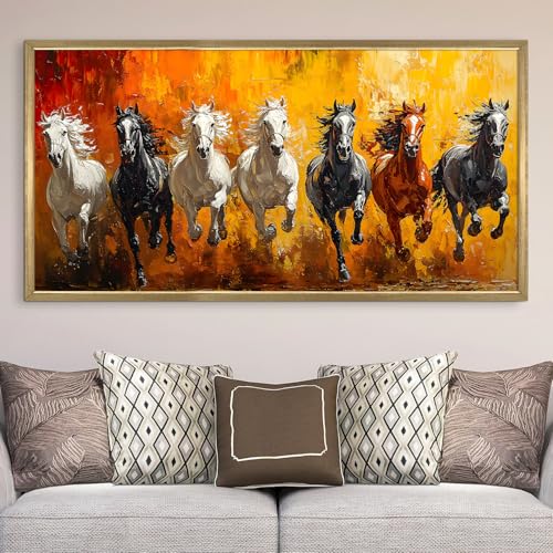 Image of PAPER PLANE DESIGN Seven Running Horses HD Canvas Print Wall Art - Premium Vastu Golden Box Frame With Acrylic - Elegant Home & Office Decor - Size: 2 x 4 Feet. (B)