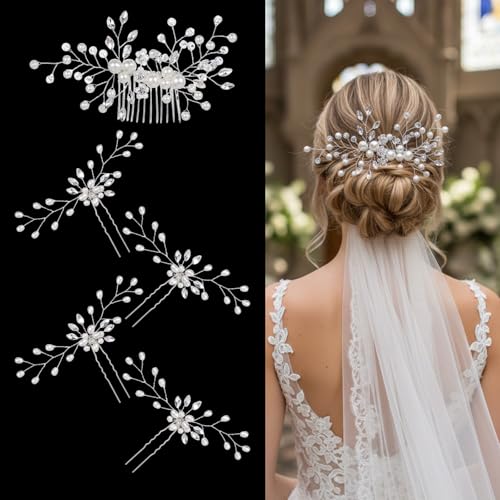 5PCS Bridal Hair Accessories(Hair Combs/Clips) Grace Wedding Hair Pieces for Brides Pearl Crystal Rhinestone Hairs Comb Suitable for Brides and Bridesmaids