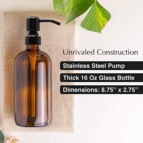 Vine Creations Amber Glass Soap Dispenser 2 Pack, Thick 16Oz Bottles Rustproof Stainless Steel Pump, Kitchen Bathroom Accessories, Hand Dish Soap Dispenser, Waterproof Labels (Round Oil Rubbed Bronze) #TOP2