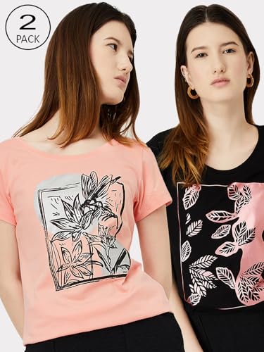 Image of Max Women's Cotton Regular Fit Graphic Printed T-Shirt - Pack of 2