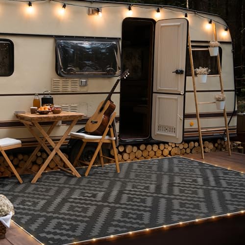 Image of GENIMO Outdoor Rug with LED Strip Lights, 5'x8' Waterproof Camping Mat, Reversible Plastic Straw Rugs for Patio, RV, Camper, Balcony, Backyard, Picnic, Deck, Black & Gray