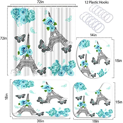 Atgowac 4 Pcs Eiffel Tower Shower Curtain Sets With Rugs, Toilet Lid Cover And Bath Mat, Teal Blue Flower Floral Shower Curtain,Teal Flower Bath Curtain #TOP5