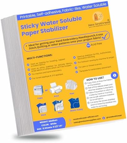 New brothread 12PCS 8.5"x11" Sticky Water Soluble Embroidery Stabilizer Printable Paper Stabilizer - Medium Weight - Allowed for Print or Draw Patterns Best for Hand & Machine Embroidery