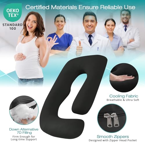 Image of Cooling Pregnancy Pillows for Sleeping, 65'' Full Body Pillow, Black | Sasttie Maternity Pillow, OEKO-TEX, Down Alternative, Removable Cover, Pregnant Women Must Haves, Maternity Essential