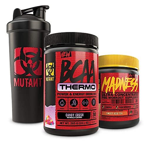 Mutant BCAA Thermo + Madness + Shaker Cup Bundle - Keto Friendly, Vegan, Pre-Workout Energy Support with 1L Shaker Cup â 285 g and 225 g â Candy Crush and Sweet Iced Tea