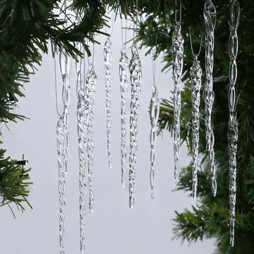 64 Pcs Icicle Ornaments for Christmas Tree Decorations, Glass Chr...