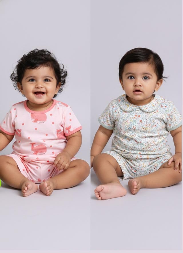 Image of Baby Girls 100% Cotton Printed Half Sleeve T-shirt & Short Summer Clothing Sets (Pack Of 2)