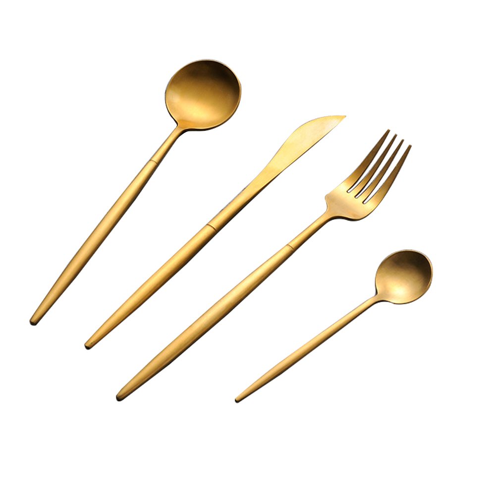 iModen Flatware Knife Fork Spoon Stylish 304 Stainless Steel Flatware (4, Golden)