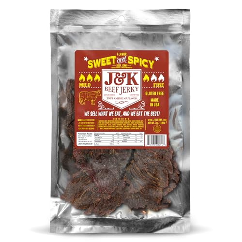 J&K Sweet and Spicy Beef Jerky - Hand Crafted Small Batch American Made Slab Beef Jerky - Bold & Flavorful Snack! - 7oz Big Bag (Pack of 2)