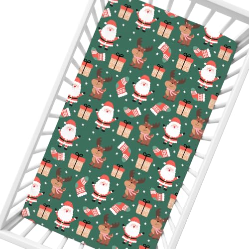 Image of Cloele Reindeer Christmas Fitted Crib Sheet for Boys Girls,Green,52x28in