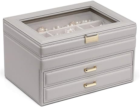Jewelry Organizer Box with Mirror & 2 Drawers, Large Capacity PU Leather Storage Case for Rings, Necklaces, Earrings, and Bracelets - Grey