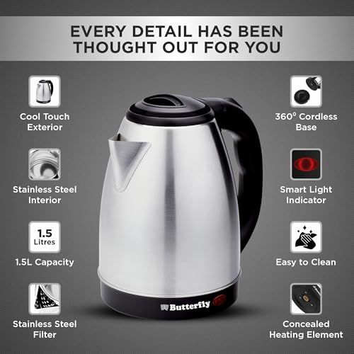 Image of Butterfly Evo Pro 1.5L Electric Kettle | 1350 W | 360 degree Swivel Power Base | Auto Shut Off | For Hot Water, Tea, Coffee, Noodles | Dry Boil Protection