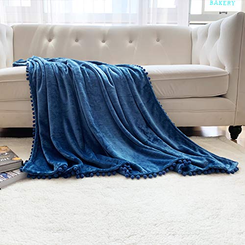 LOMAO Flannel Blanket with Pompom Fringe Lightweight Cozy Bed Blanket Soft Throw Blanket fit Couch Sofa Suitable for All Season (51x63) (Aegean Blue, 51''x 63'')