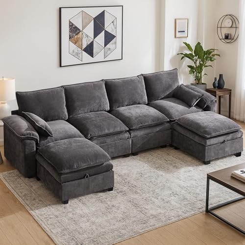 129" U-Shaped Cloud Sectional Sofa with Ottoman Storage