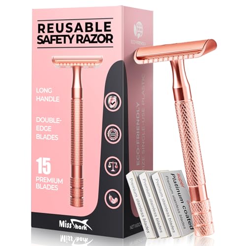 Safety Razor for Men with 15 Stainless Steel Double Edge Blades, Long Handle Men’s Single Razors for Shaving, Imported Upgraded Blades Reduce Irritation, Rose Gold