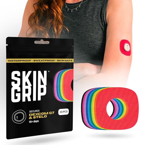 Skin Grip Adhesive Patches Compatible with Dexcom G7 & Stelo CGM with Cutout  Waterproof & Sweatproof Cover for Continuous Glucose Monitor Sensor, Stays Secure for 10-15 Days  20 Pack, Rainbow Pack