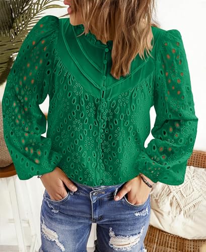 BETTE BOUTIK Women's Long Short Sleeve Tops 2025 Dressy Casual Button Hollow Out Lace Embroidered Blouses Shirts