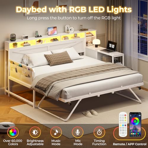 Image of MSmask Daybed with Pop Up Trundle, Twin Day Bed with 3 Storage Drawers and Shelves, Farmhouse Wooden Twin to King Daybed Frame with Charging Station and LED Lights for Bedroom, White