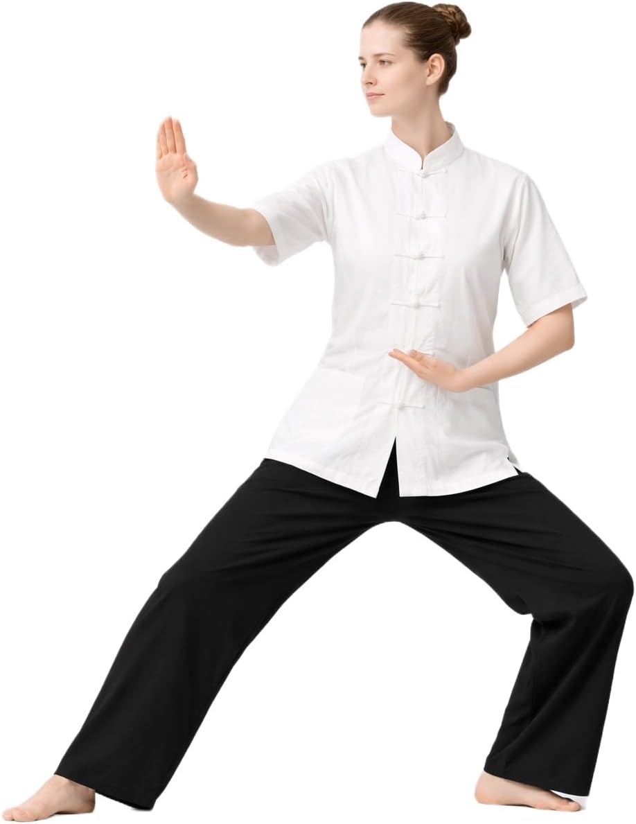 Lazutom Women's 2 Piece Cotton Kung Fu Outfit Short Sleeve Frog Button Top and Drawstring Pants Set